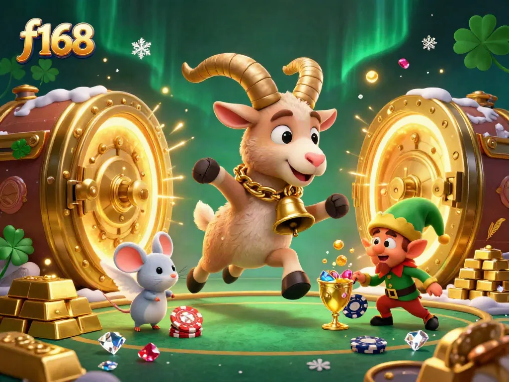 Engage with the f168 gaming experience as the Krampus goat and playful characters create a lively casino atmosphere.