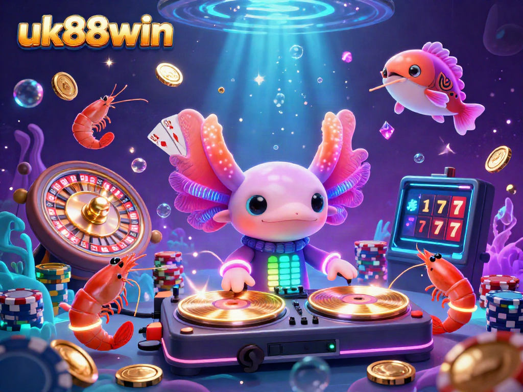 Join the vibrant uk88win casino with lively characters in a dazzling underwater scene filled with gold coins and gaming excitement.