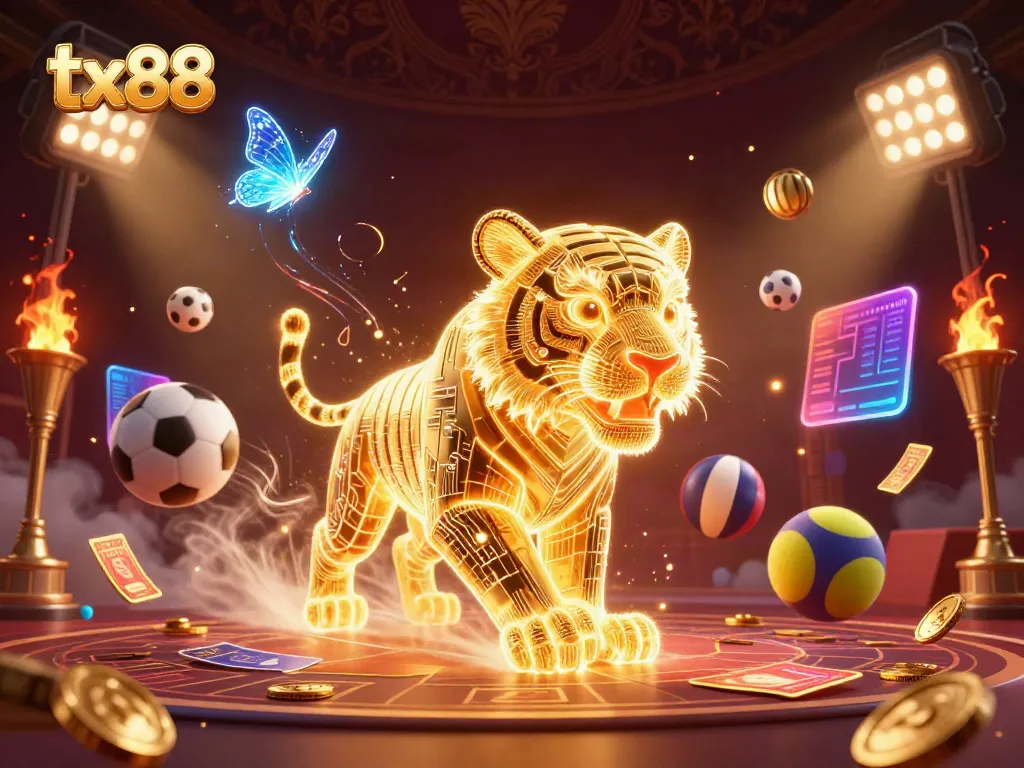 Experience thrilling sports betting action with tx88's dynamic casino scene featuring a golden tiger and sports elements.