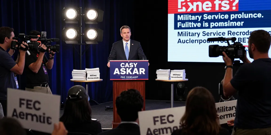 Casey Askar at a political debate stage, surrounded by scrutiny and media coverage.