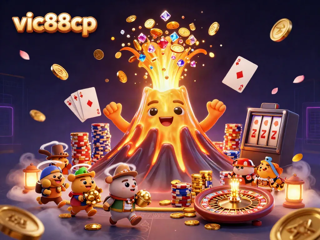 Experience the excitement of winning big at vic88cp with vibrant casino elements and a golden volcano erupting treasure.