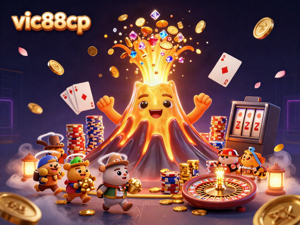 Experience the excitement of winning big at vic88cp with vibrant casino elements and a golden volcano erupting treasure.