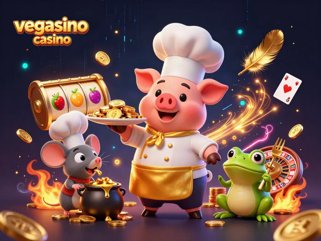 Experience the excitement of vegasino casino with a whimsical chef pig serving gold coins amidst vibrant gaming elements.