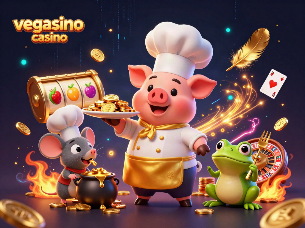 Experience the excitement of vegasino casino with a whimsical chef pig serving gold coins amidst vibrant gaming elements.