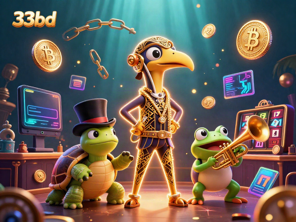 Experience the vibrant energy of 33bd with cartoon characters, crypto elements, and casino games.