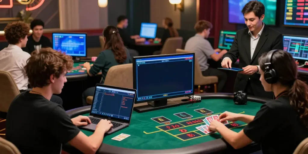 Engaged players at UK88 online casino, showcasing sports betting excitement and live dealer games.