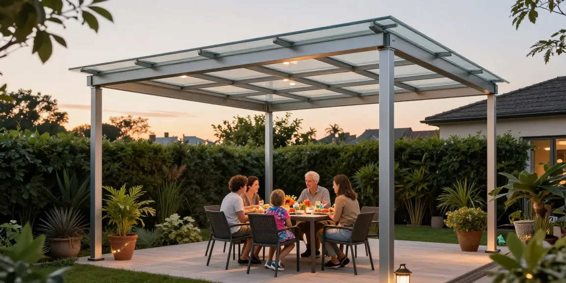 Freistehende Terrassenüberdachung mit Familie beim Abendessen in einladender Umgebung.