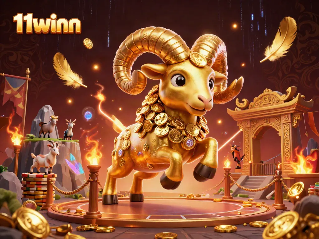 Engage with the thrilling spirit of 11winn, featuring a golden ram charging at a casino gate.