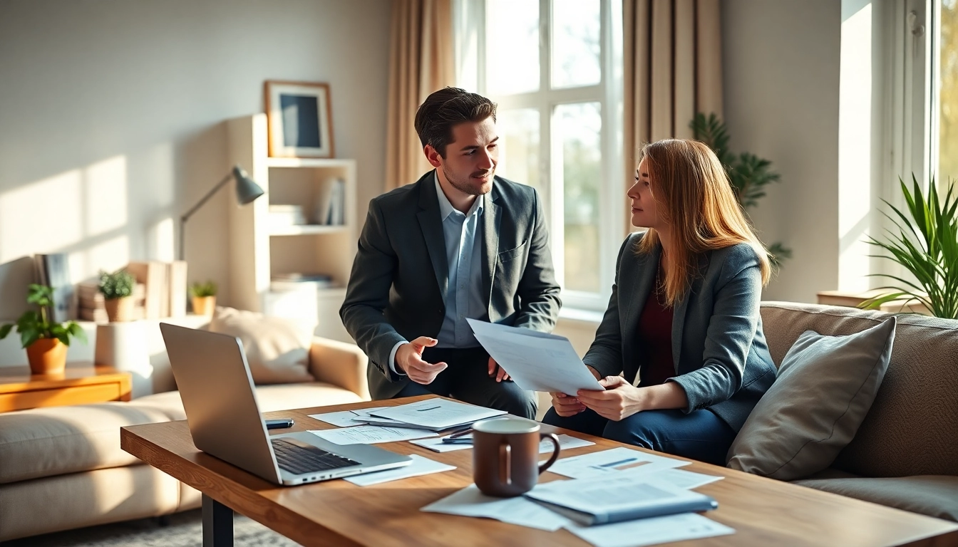 Diskussion über Hausverkauf bei Scheidung in heimischem Büro mit Dokumenten.