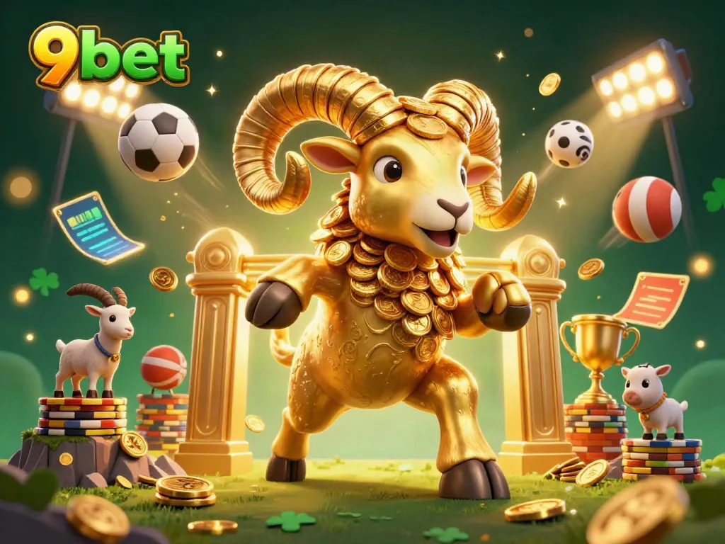 Experience thrilling moments at 9bet with this vibrant casino scene featuring a golden ram and dynamic sports elements.