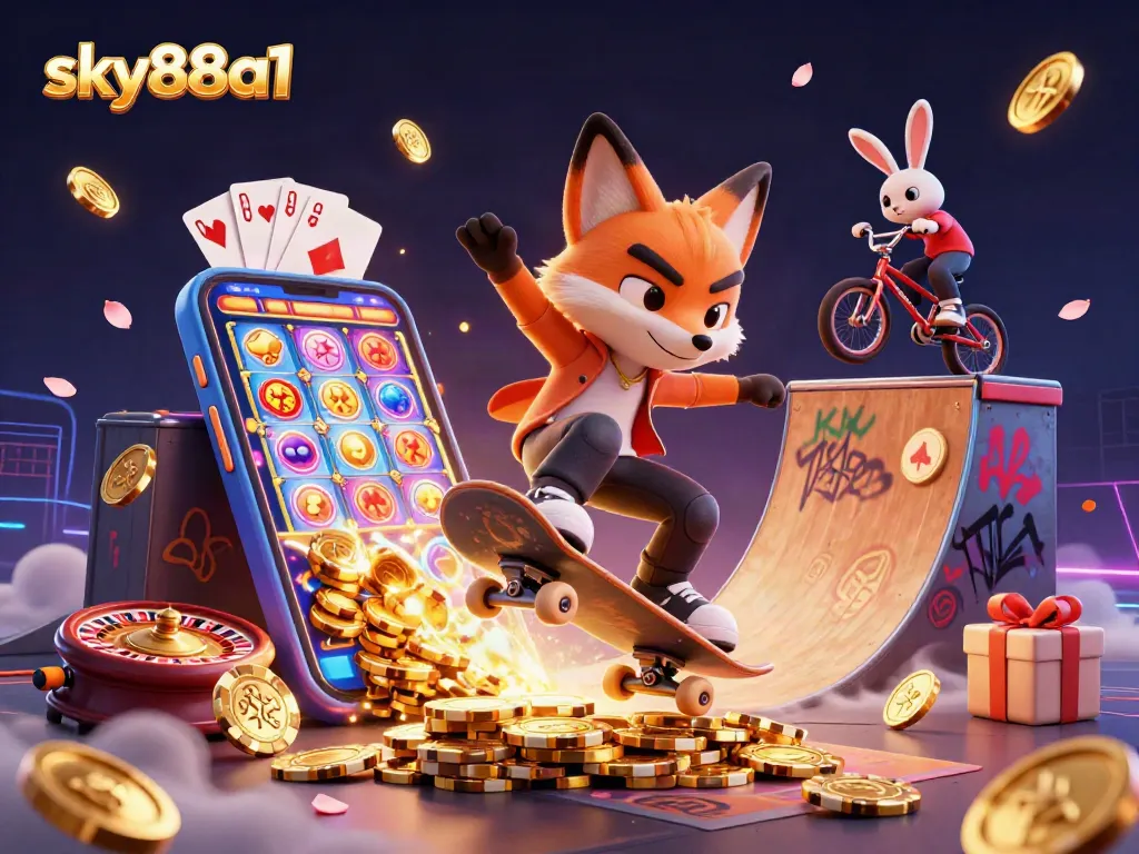 Vivid 3D illustration showcasing a skateboarder fox and BMX rabbit in a vibrant casino setting at sky88a1.