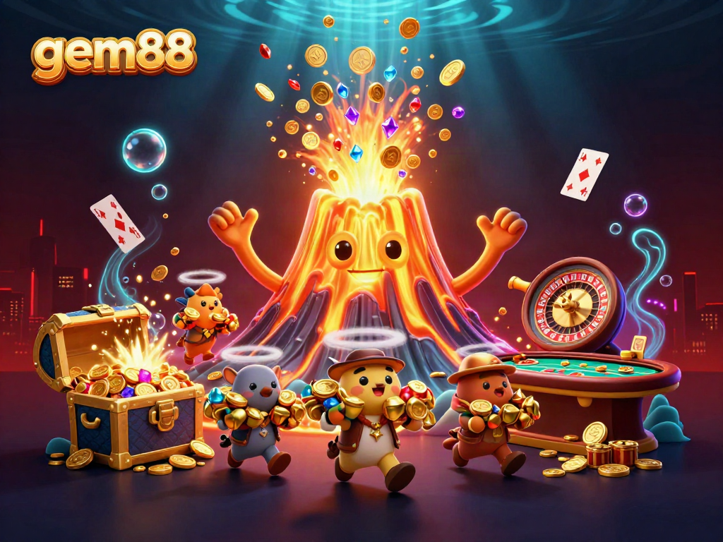 Experience the thrilling world of gem88 as a golden volcano erupts with treasures, surrounded by casino elements.