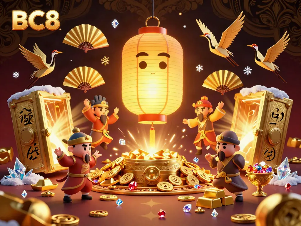 Experience the thrill of BC8 slots with golden treasures and vibrant lucky symbols in a dynamic casino setting.