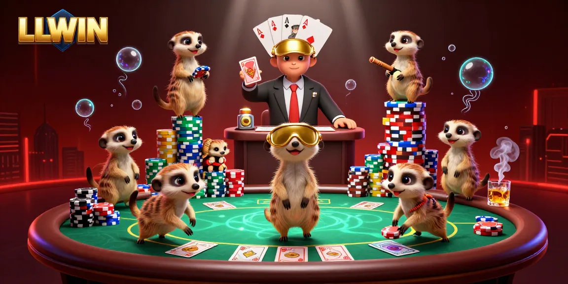 LLWIN showcases a lively meerkat casino scene, full of vibrant poker action, chips, and excitement.