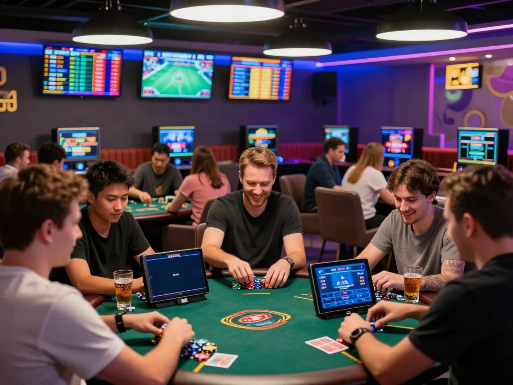 Players immersed in the excitement of Alternatif Bola88 online gambling, showcasing diverse interactions and vibrant gaming atmosphere.