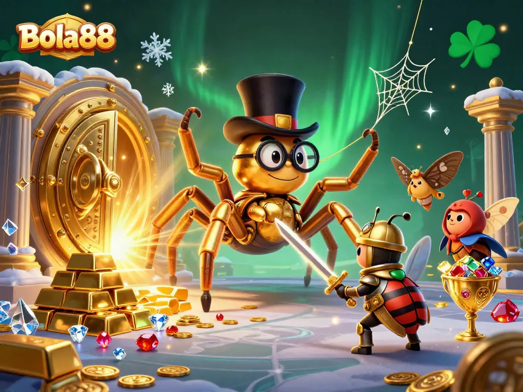 Bola88 showcases a vibrant 3D scene with a golden tarantula and beetle knight amidst treasure.