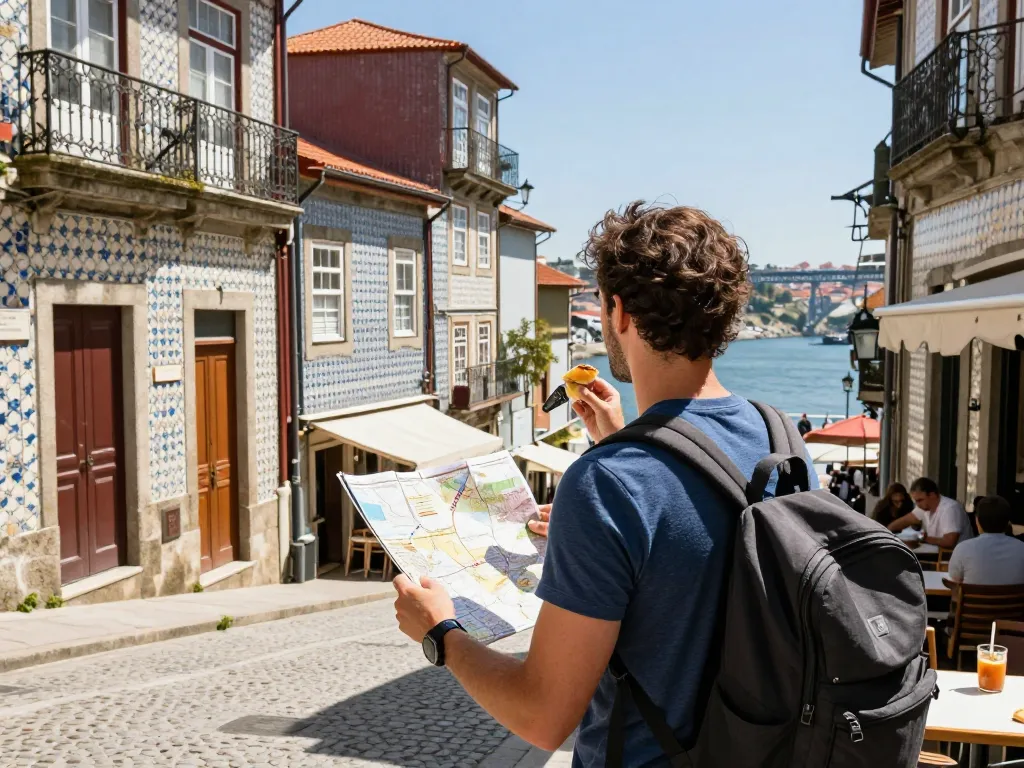 Reisetipps Porto: Reisender, der durch die bunten Straßen von Porto mit einer Karte und einem lokalen Gebäck navigiert.
