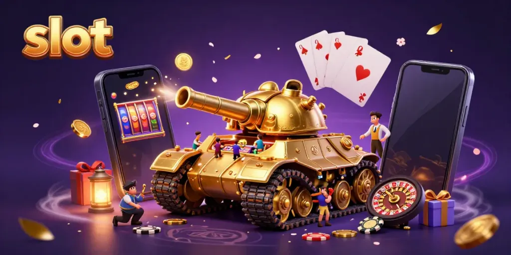 Exciting slot gaming scene featuring a golden beetle tank miniature casino with vibrant gameplay elements.