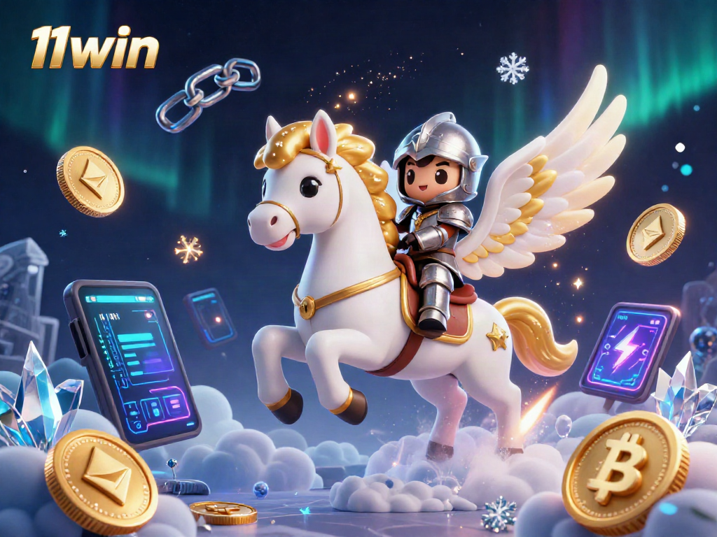 Win big with 11win in this dynamic casino fantasy scene featuring a celestial horse and crypto elements.
