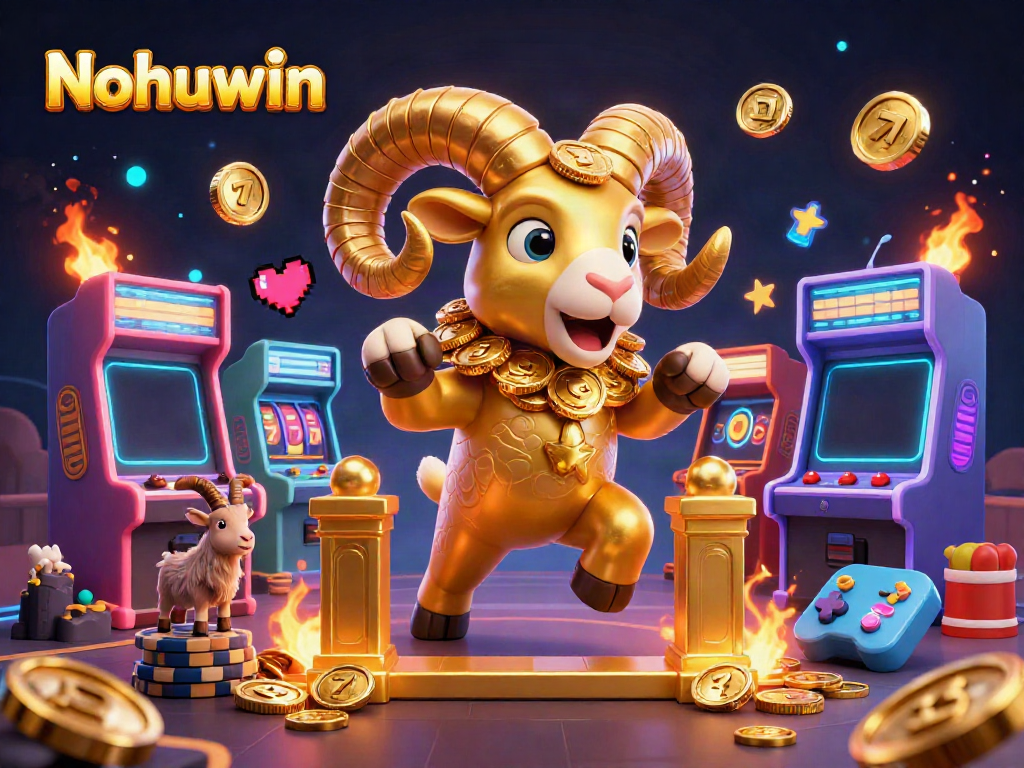 Nohuwin showcases a dynamic casino environment with a golden ram charging through a vibrant gaming landscape.