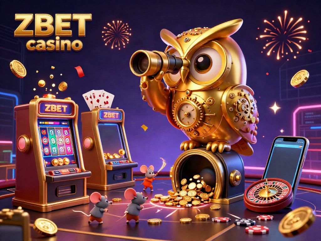 ZBET casino illustration with a golden owl and playful mice on a vibrant casino floor, showcasing festive elements.