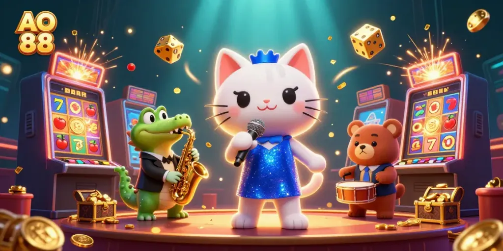 Experience the excitement at AO 88 with vibrant casino elements featuring a cat singer, crocodile, and bear in a rich scene.