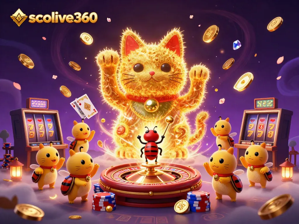 Experience excitement with socolive360 as golden fireflies create a lucky cat figure amidst casino symbols.