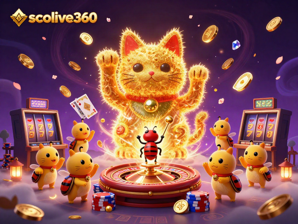 Experience excitement with socolive360 as golden fireflies create a lucky cat figure amidst casino symbols.