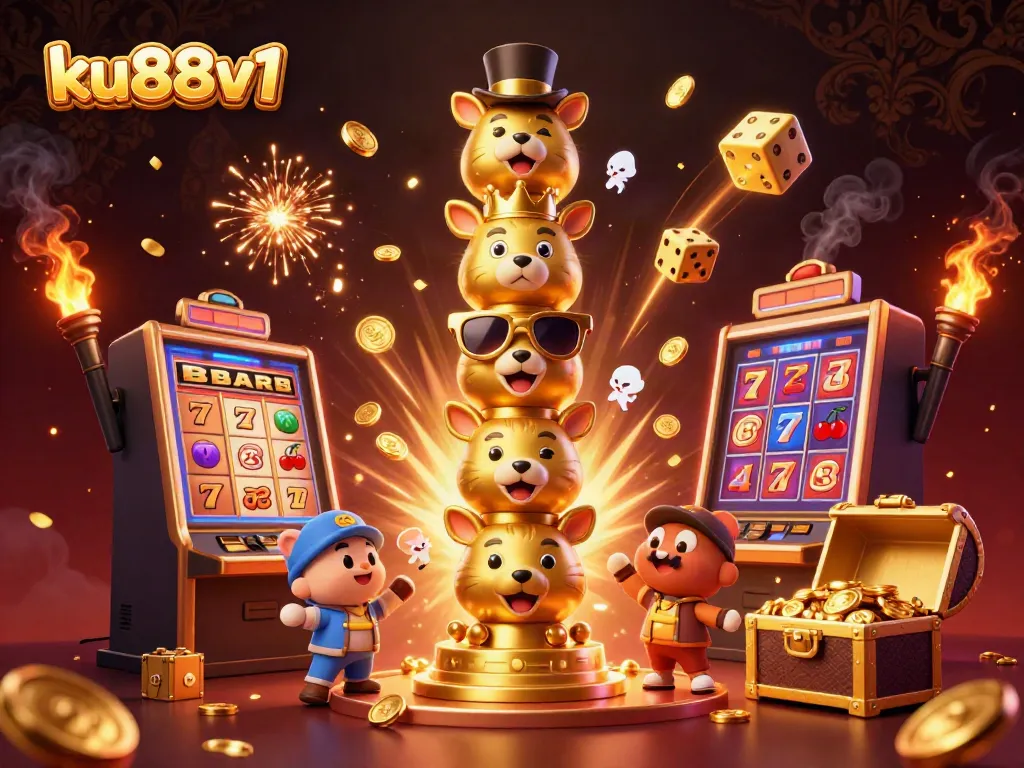 Engage with ku88v1 through a captivating 3D casino scene filled with vibrant elements and jackpot excitement.