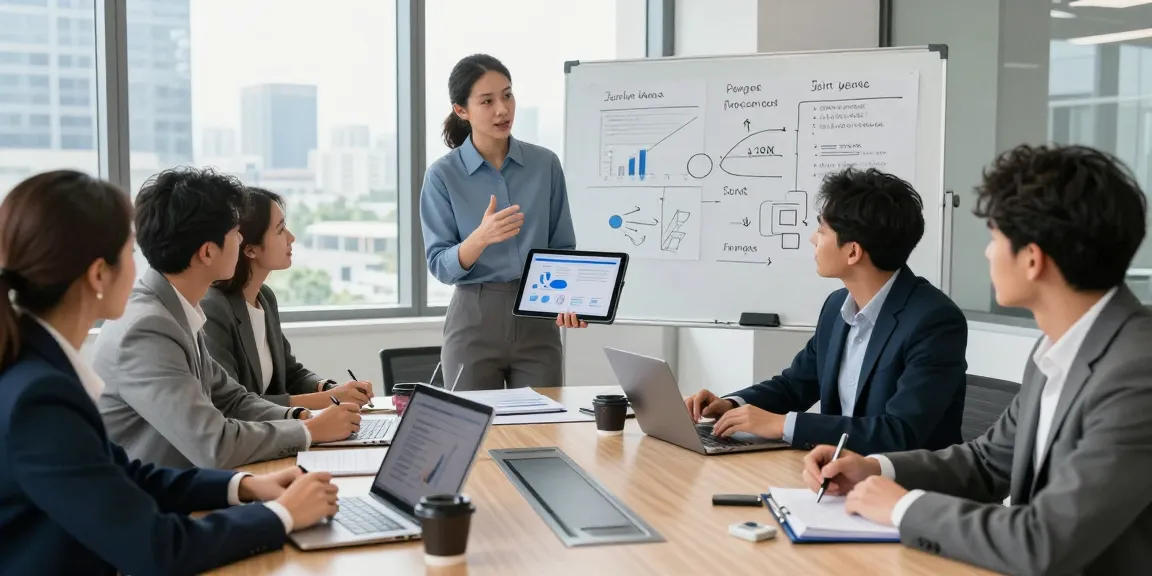 Engaged team discussing a joint venture funding program in a modern office.