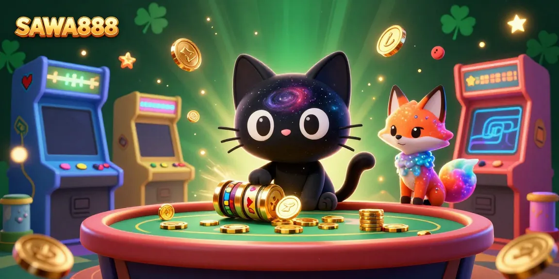 SAWA888 casino illustration featuring a black hole cat pulling in golden chips and slot reels.