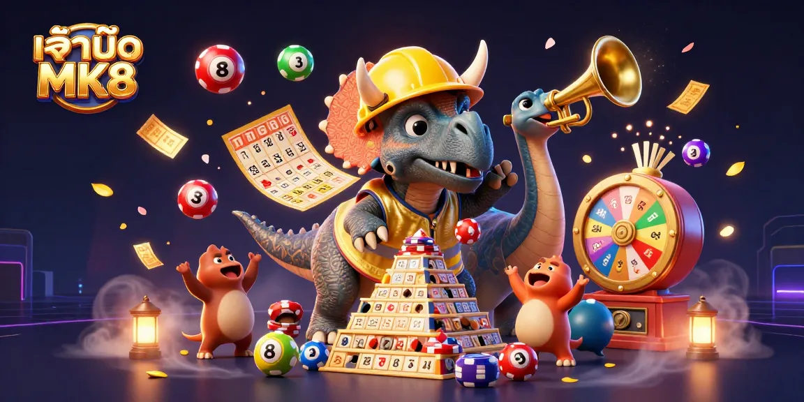 Join the excitement with เจ้ามือ MK8 as a triceratops builds poker chip towers amid colorful casino elements!