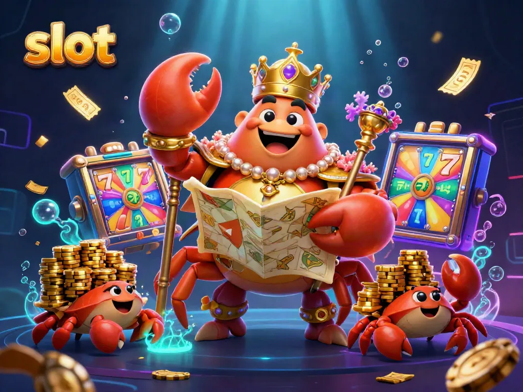 Experience the thrill of slot gaming with this vibrant 3D illustration featuring a golden crab emperor and dynamic game elements.