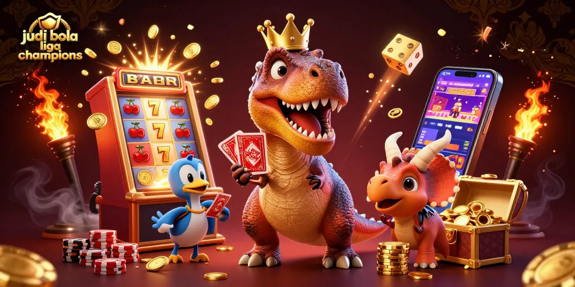 Experience thrilling judi bola liga champions action with a T-Rex reshuffling cards in a vibrant casino scene.
