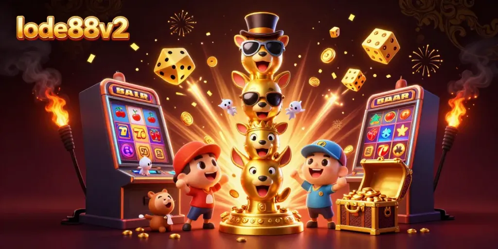 Experience thrilling gameplay with lode88v2 in this vibrant 3D casino scene showcasing jackpot excitement.