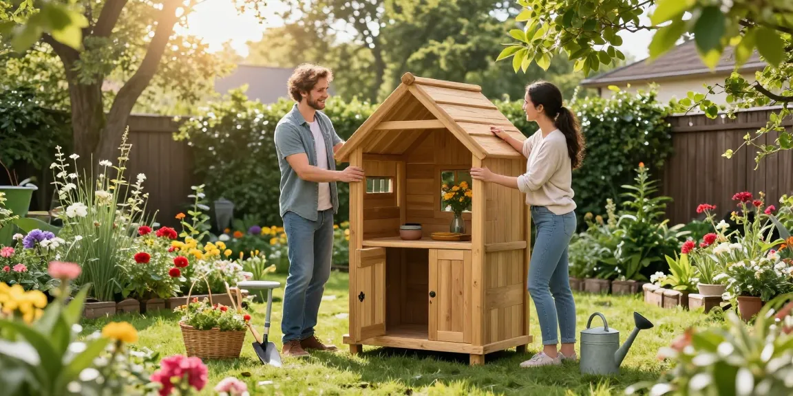 Schönes Gartenhaus im Aufbau mit fröhlichem Paar und Gartenwerkzeugen umgeben von bunten Blumen.
