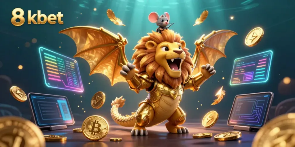 Engage in thrilling games with 8kbet, showcasing a roaring golden chimera, cryptocurrency elements, and dynamic casino atmosphere.