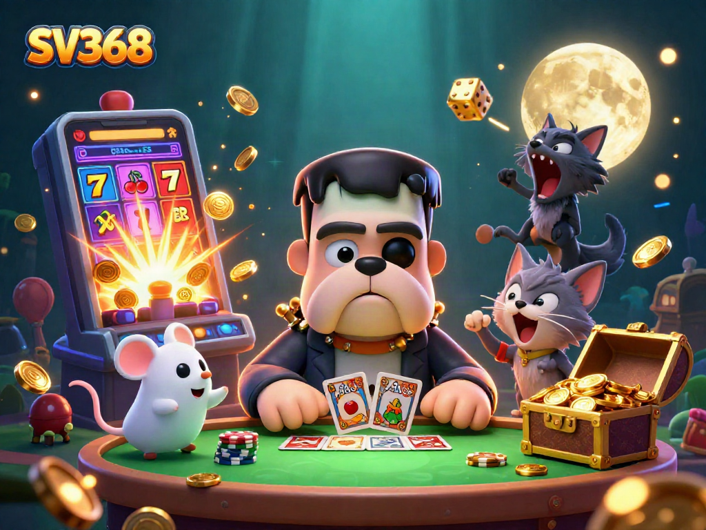 Experience SV368 thrilling casino action with a fierce bulldog dealer and dynamic game elements.