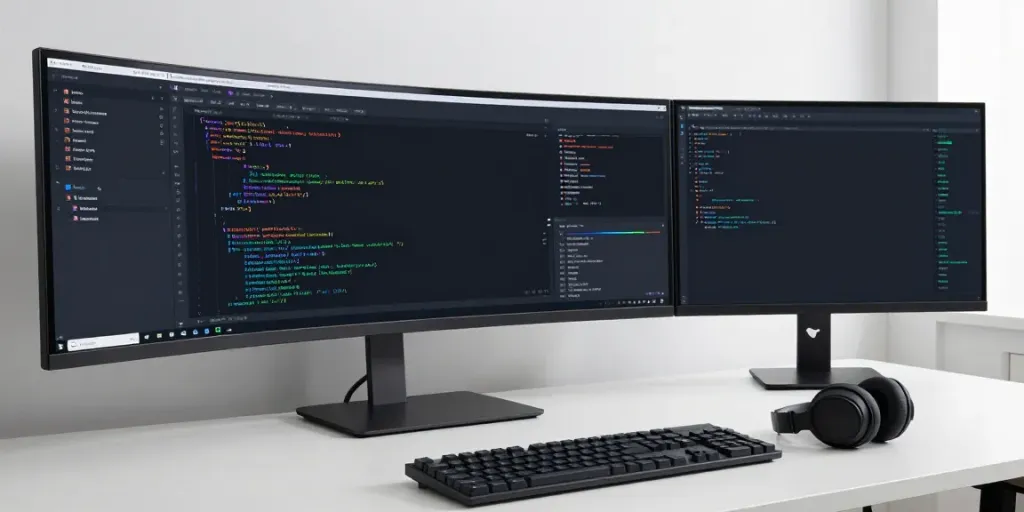 source code review tools displayed on a modern developer workspace with cybersecurity software.