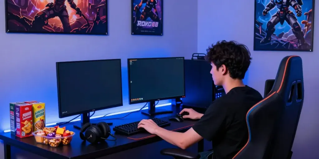 Player engaged in ROKOK88 login on dual monitors in immersive gaming setup