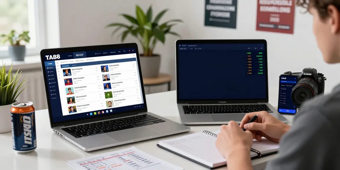 Engaging user experience at https://ta88.network/ showcasing online sports betting on modern devices in a vibrant workspace.