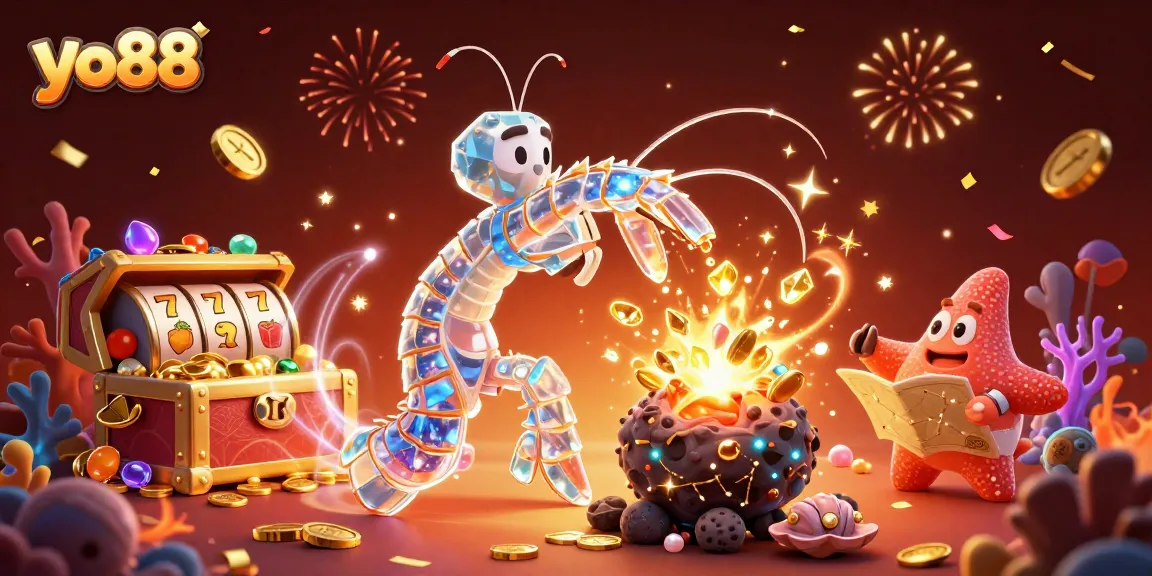 Experience the joy of winning at yo88 as the galactic samurai mantis shrimp celebrates exploding slot symbols.