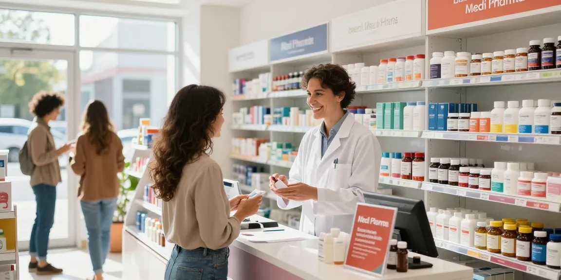 Engagierter Kundenservice im Medi Pharma Shop, der Gesundheitsprodukte und Steroide präsentiert.