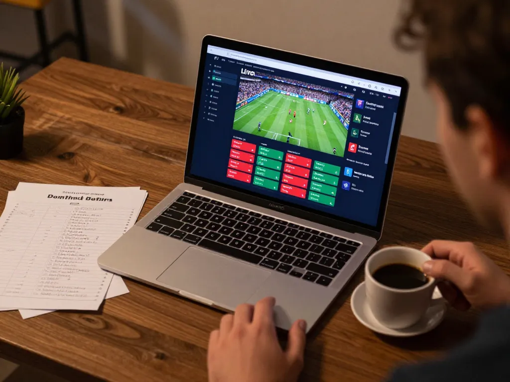 Betting enthusiast using laptop for tr88 live sports betting in cozy home office