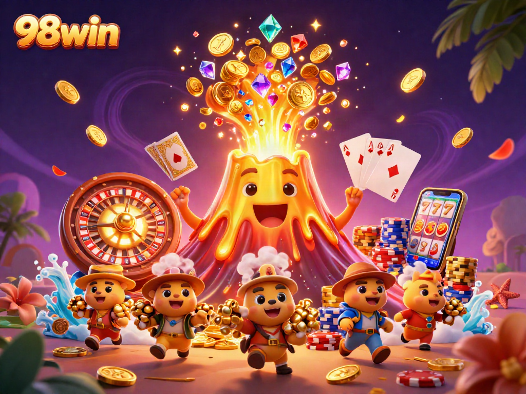 Engage with 98win's thrilling gaming scene featuring coins, cards, and a golden volcano erupting treasure.