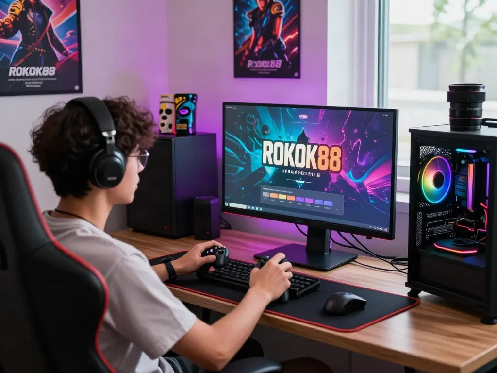 Engaged gamer using ROKOK88 on high-resolution monitor with vibrant gaming setup.