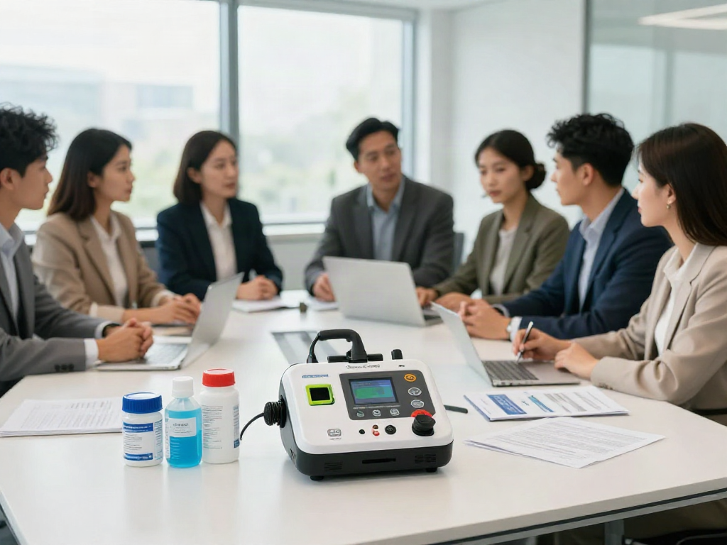 AED Defibrillator im modernen Büro mit einem Team, das über Sicherheit diskutiert.