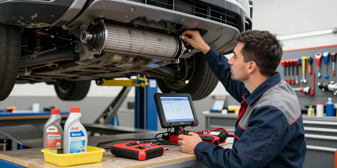 Fachmechaniker, der in einer modernen Werkstatt den Service Partikelfilter Reinigen durchführt