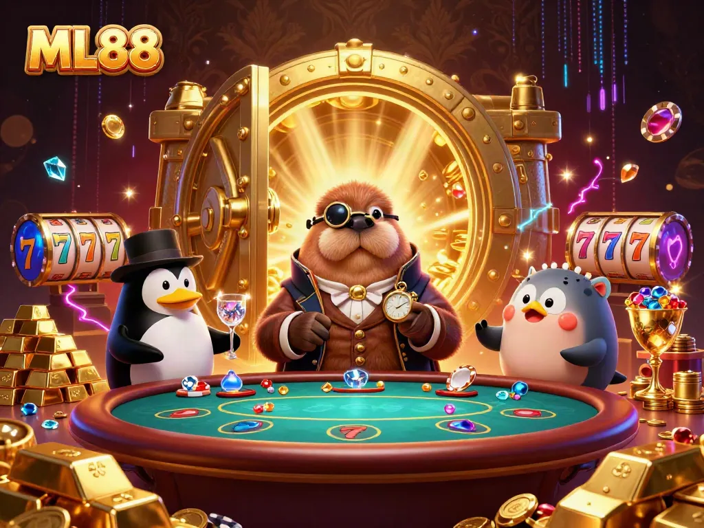 Experience thrilling moments at ML88 with a cartoon walrus poker scene filled with treasures.