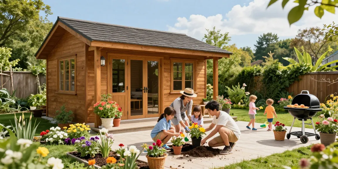 Gartenhäuser von McGarden24 in einem lebhaften Garten, Familie genießt den sonnigen Tag.